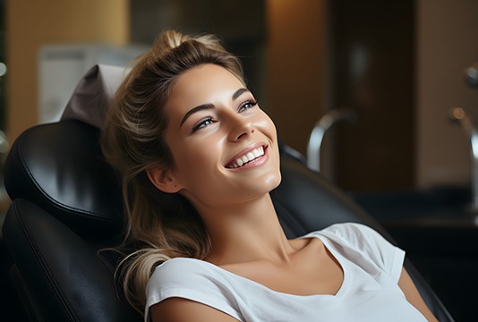 Woman smiling in treatment chair with prepless veneers